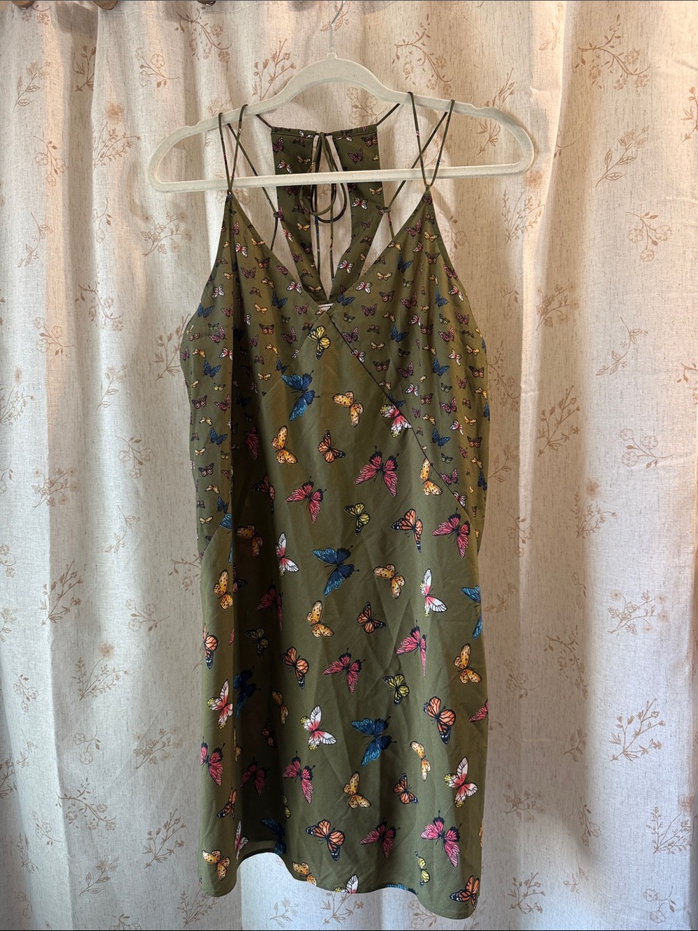 Abercrombie & Fitch Olive Slip Dress with Multicolor Butterfly Print